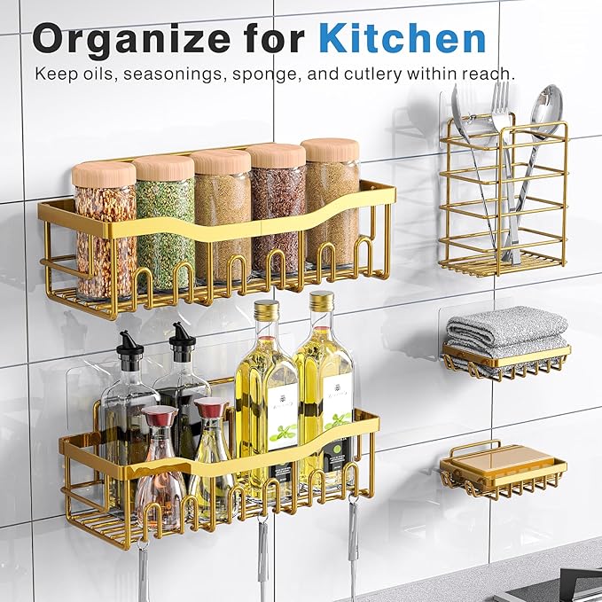 5-Pack Rustproof Stainless Steel Shower Caddy – No Drill Adhesive Bathroom Organizer with Large Capacity, Spacious Shower Shelves for Inside Shower, Kitchen & Home Decor Storage-XL Size