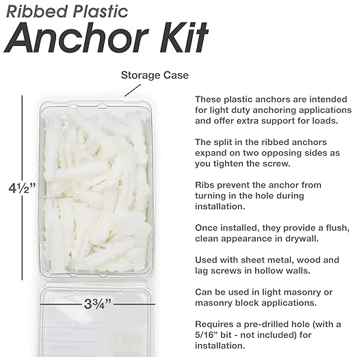 Premium Quality Ribbed Plastic Drywall Wall Anchors (#14-16 x 1-1/4")