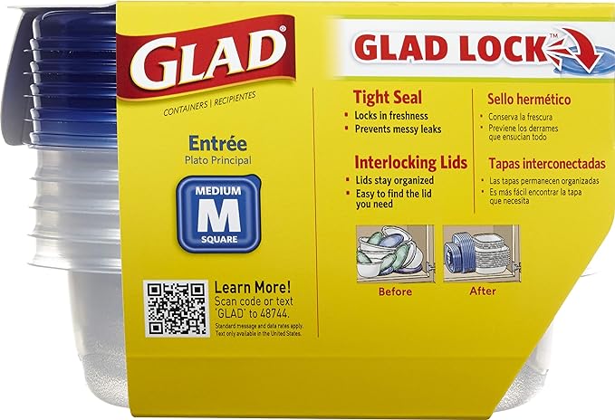 Glad GladWare Entree Food Storage Containers with Lids, Medium Square No BPA Plastic for Meal Prep and Lunches, Lock Tight Seal, Microwave and Dishwasher Safe, 25 Oz, 5 Count - 6 Pack
