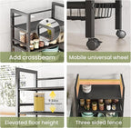 Four-Tier Metal Rolling Rack, Removable Metal Sheets, Grid Baskets with Wheels, Kitchen Storage Cart, Shelf for Pantry, Bathroom, Kitchen, Office, Garage, Black (Large)