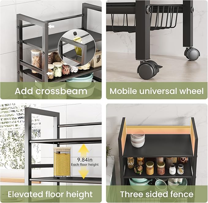 Four-Tier Metal Rolling Rack, Removable Metal Sheets, Grid Baskets with Wheels, Kitchen Storage Cart, Shelf for Pantry, Bathroom, Kitchen, Office, Garage, Black (Large)