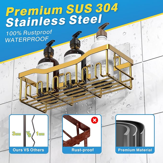 5-Pack Rustproof Stainless Steel Shower Caddy – No Drill Adhesive Bathroom Organizer with Large Capacity, Spacious Shower Shelves for Inside Shower, Kitchen & Home Decor Storage-XL Size