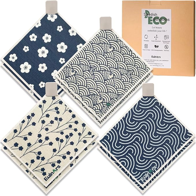 Swedish Dishcloths for Kitchen, 8 Pack Japanese Pattern Reusable Paper Towels with Clips, Non-Scratch Swedish Dish Towels, Super Absorbent Cellulose Dish Cloths, No Odor