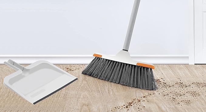Superio Angle Broom and Clip-On Dustpan Set, Slim Hand Broom Telescopic Handle 53 Inches Tall, Clip On Dust Pan with Low Edge Rubber Lip