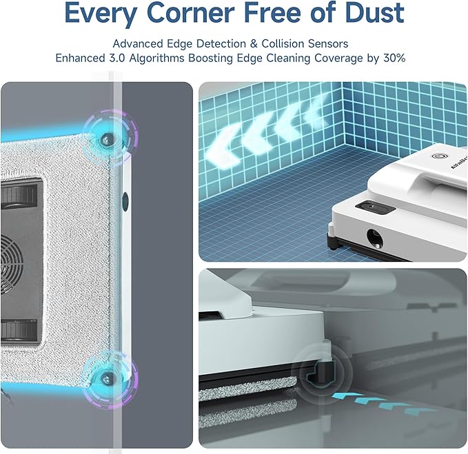 AlfaBot Window Cleaning Robot, Dual Nozzles with Ultrasonic Spray, 5000Pa Window Cleaner Robot with Edge Detection, 3 Intelligent Path Planning, Anti-Slipping System