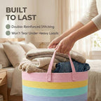 JMvicyroam 115L Extra Large Blanket Basket for Living Room - Woven Cotton Rope Laundry Hamper with Reinforced Handles - Storage Bin for Pillows, Comforters & Toys - Machine Washable,Rainbow