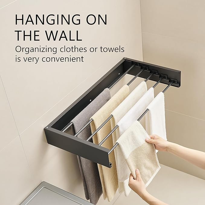 JOOM Laundry Drying Rack Collapsible, Wall Mounted Clothes Drying Rack, Retractable Drying Rack, 31.5" Wide, 5 Aluminum Rods, 60 lb Capacity (Black 31.5")