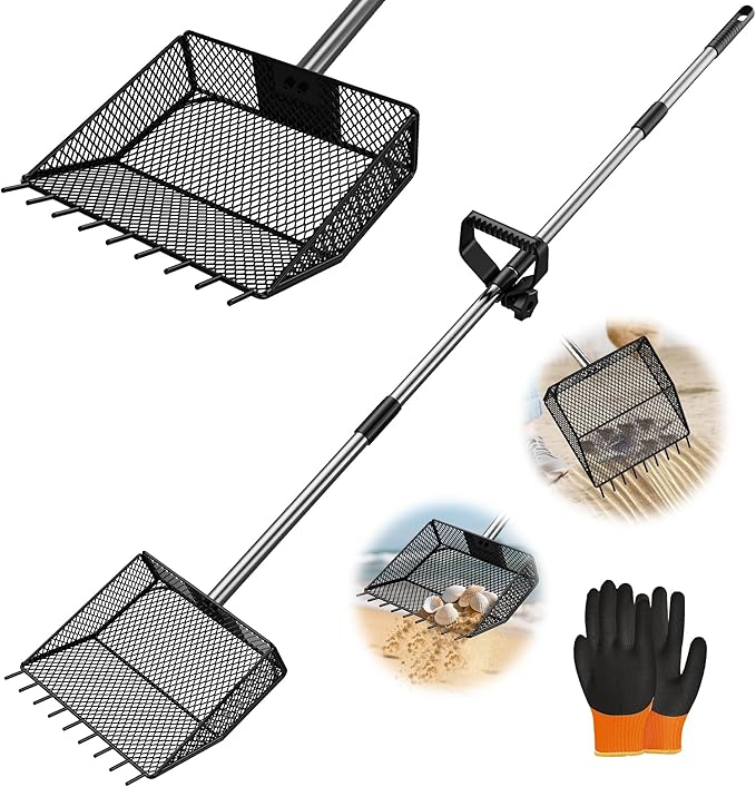Upgraded Chicken Poop Scooper & Rake 2-in-1,Coop Cleaning Tool Metal Scoop,0.25" fine mesh Sand Sifting Shovel with 35" to 62" Adjustable Stainless Steel Handle for Chicken Coops & Farm Animals Scoop
