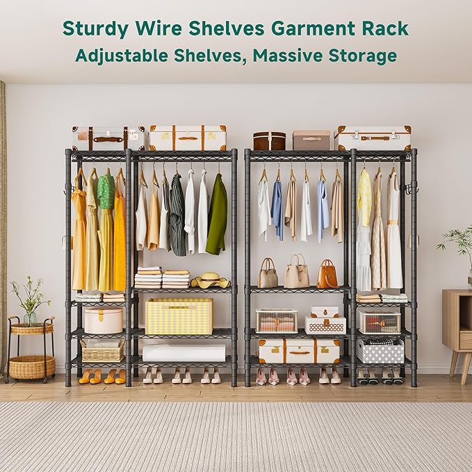 Heavy Duty Garment Rack, Metal Freestanding Closet Wardrobe Clothes Racks for Hanging Clothes, 4 Tiers Adjustable Wire Shelving, 44.9'' L x 16.5'' W x 76.8 '' H, Max Load 850LBS, Black