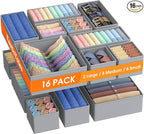 TasticTotes Drawer Organizer Clothes, 16 Pack Drawer Organizers and Underwear Organizer for Nursery, Dividers Clothes Organizer, Closet Organization and Foldable Storage Bins for Socks, Bra, Tie, Grey