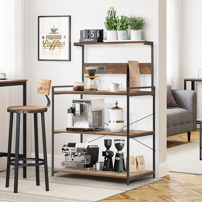 4-Tier Kitchen Baker's Rack with Power Outlet, Microwave Stand and Storage Shelves, Coffee Station Organizer (Rustic Brown)