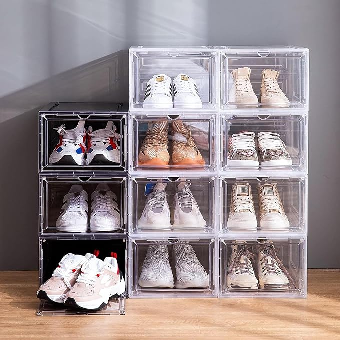 Attelite X-Large Clear Shoe Boxes Stackable Plastic Shoe Organizer ,Thicken & Sturdy Shoe Storage Box with Magnetic Door, Drop Front Shoe Box For Display Sneakers( 9 Pack, Clear White)