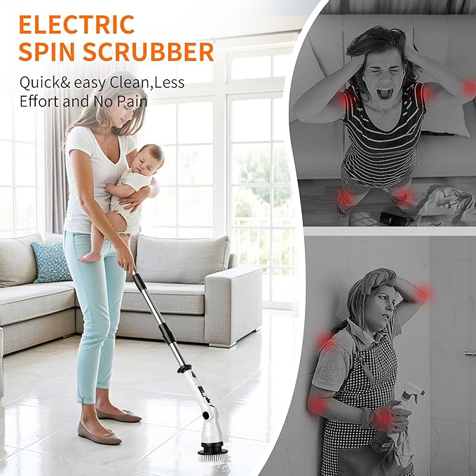 Electric Spin Scrubber, Power Electric Scrubber for Cleaning, Shower Cordless Cleaning Brush with 6 Adjustable Angles,8 Brush Heads, 3 Speed Mode, Electric Cleaning Brush for Bathroom/Tub/Floor/Tile