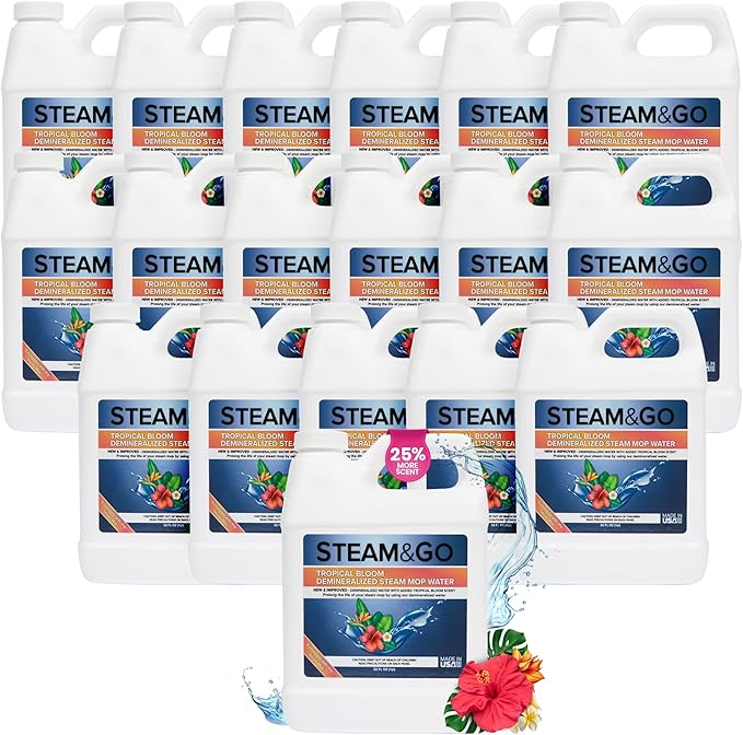 Steam & Go Demineralized Water for Steam Cleaner - PVC-Free Floor Cleaning Solution Compatible for All Steam Mops - Multi-Surface Cleaner for Home Surfaces - Tropical Bloom Scent, 32 oz (Pack of 18)
