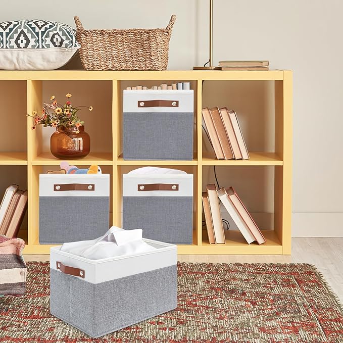 6 Pack Fabric Storage Baskets for Shelves, Closet Storage Bins for Shelves, Fabric Baskets for Organizing with Handles for Home and Office (White with Grey,15"L*10.2"W*9"H)