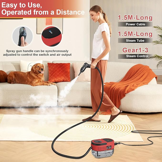 Steam Cleaner for Home, 15s Heat-Up, 1.6L Water Tank, 3-Level Adjustable Handle, Handheld Steam Cleaner for Car Detailing, Dirt, Furniture, Couch, Floor Tile, Bathroom, Bed Bugs, 12Pcs Accessories