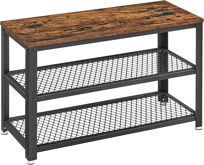 VASAGLE, 3-Tier Shoe Rack, Shelf Storage Bench with Metal Mesh Shelves and Seat, Free Standing Shoe Organizer for Entryway, 11.8 x 28.7 x 17.7 Inches, Rustic Brown and Black ULBS73X