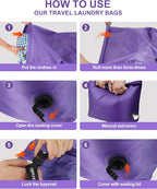 Travel Laundry Bag, Pump Free Vacuum Storage Bag Reusable Compression Dirty Clothes Travel Bag Waterproof Wet Dry Bags Large Capacity Space Saver Bags Camp Clothes Organizer (1 Pcs)(Purple, M)
