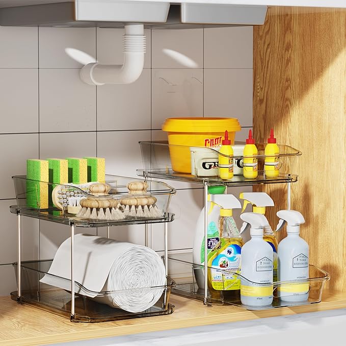 Delamu 2 Sets of 2-Tier Clear Under Sink Organizers and Storage, Multi-Purpose Stackable Bathroom Cabinet organizers, Grey