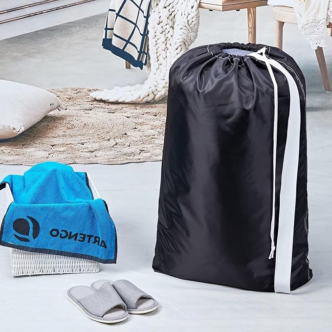 HOMEST 2 Pack XL Nylon Laundry Bag with Strap, Large Dirty Clothes Organizer, Easy Fit a Laundry Hamper or Basket, Can Carry Up to 4 Loads of Laundry, Black and Sky Blue