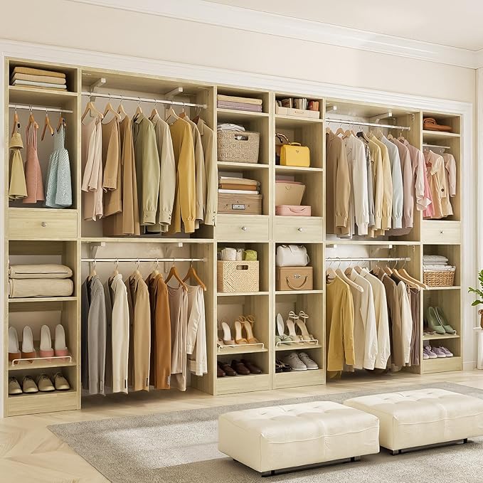 Unikito 10-15FT Closet Systems, Large Wood Walk in Closet Organizer with Hanging Rods and Drawers, 180 Inch Heavy Duty Closets Wardrobe with Shoe Rack, Sturdy Reversible Clothes Closet Kit, White Oak