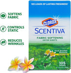 Clorox Scentiva Fabric Softener Dryer Sheets, Fresh Brazilian Blossoms Scent - Wrinkle Reducing Scented Softening Laundry Dryer Sheets for Great Smelling Clothes, 105 Count