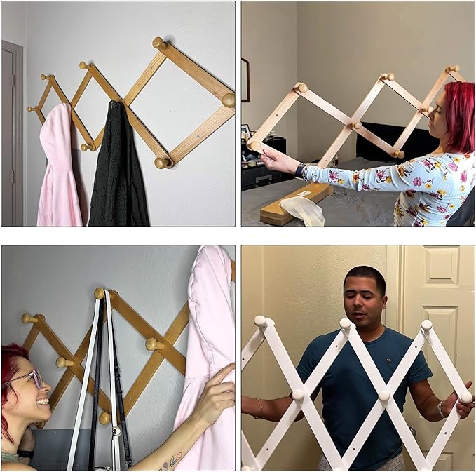 Dseap Expandable Coat Rack (Larger Version) - 24” High, Anti-Slip, Ultra Heavy Duty Wooden Accordian Wall Hanger with 10 Study Peg Hooks for Clothing Hats Jackets Bags, Black/Natural