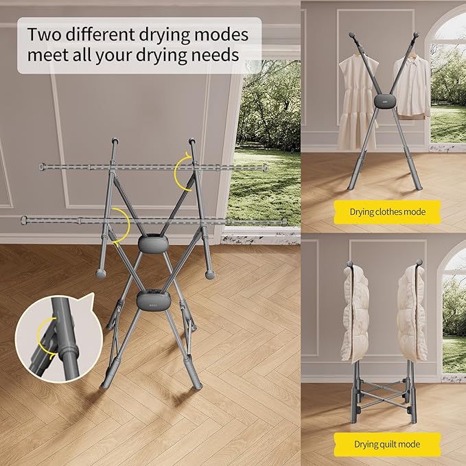 BIREN Clothes Drying Rack Heavy Duty Clothing Racks Extending Laundry Rack Two Drying Modes Garment Racks for Drying Clothes, Adjustable Length from 32-55 Inches for Indoor Outdoor Use