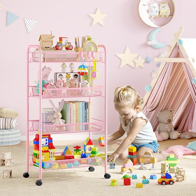 TOOLF 4 Tier Rolling Utility Cart - Durable Metal Design Pink Utility Cart, Storage Trolley on Wheels with 3 Hooks, Perfect for Kitchen, Bathroom & Laundry Room Organization