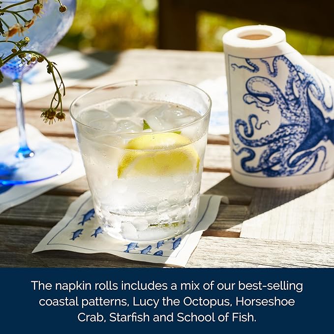 Coastal Cocktail Napkin Roll of 50 | 100% Cotton Quick Dry Reusable | Perfect for Home, Dining, Birthday, Gifts | Blue and White, 4.5W X 4.5L