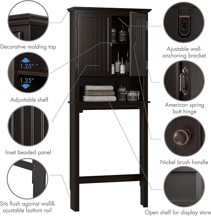 UTEX Bathroom Storage Over The Toilet, Above Toilet Storage Cabinet Organizer with Adjustable Shelves and Double Doors, Espresso