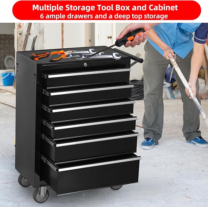 Tool Chest Cabinet, Large Capacity Metal Tool Box with Wheels and Cylinder Locking, Roll Around Storage Organizer Tool Cart for Garage, Redtool cabinets on Wheels (Black, 6-Drawer-Wheel)