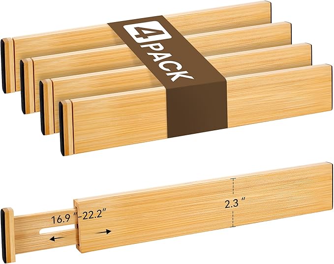 Bamboo Drawer Divider Set of 4, Adjustable Spring-Loaded Drawer Organizer (16.9"-22.2"), 2.3" Height, Suitable for Kitchen, Desk, Bathroom, Clothing, and Miscellaneous Drawer Organization, Natural