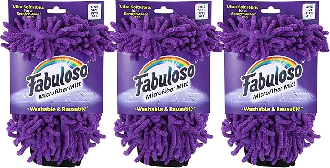Fabuloso Microfiber Cleaning Mitt, Purple, One Size Fits All - Lint-Free, Scratch-Free Glove for Surfaces and Furniture - Dustless Hand Cloth for Bold & Bright Experience, 3 Count