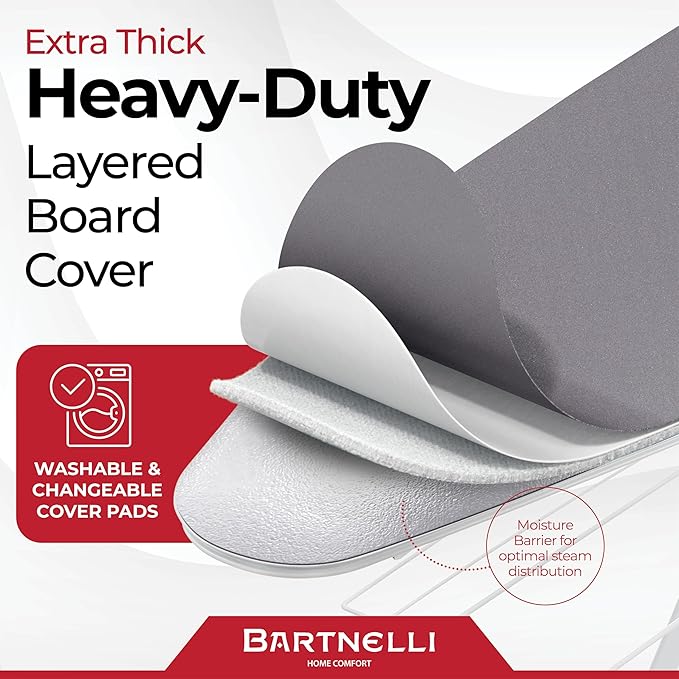 Bartnelli Extra Wide Pro Ironing Board 19x48 Ironing Surface with Iron Rest, Cord Holder, Shelf and 4 Layer Heat Resistant Cover and Pad