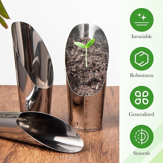 3pcs Stainless Steel Bonsai Soil Scoops–Gardening Silver Metal Spade Shovel Bucket Scoop for Potted Succulents and Planting