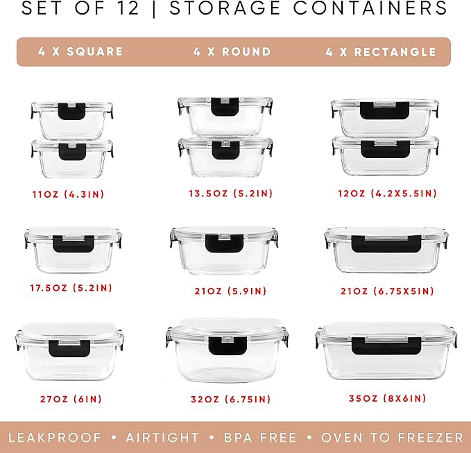 JoyJolt 24pc Borosilicate Glass Storage Containers with Lids | 12 Airtight/Freezer Safe Food Storage Containers for Pantry and Kitchen | Meal Prep Container for Lunch | Glass Tupperware Set