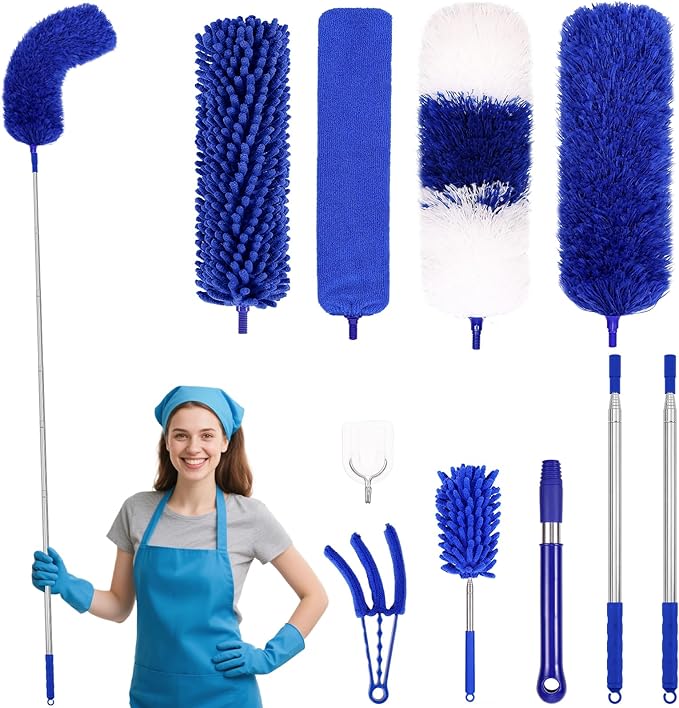 PHABLUS 10 PCS Dusters for Cleaning, Microfiber Duster with Extension Pole Up to 100'', Bendable Washable Cleaner Dusters for Ceiling Fans, High Ceiling, Furniture, Blinds