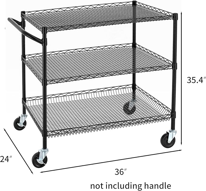 Finnhomy 3 Tier Heavy Duty Commercial Grade Utility Cart, Wire Rolling Cart with Handle Bar, Steel Service Cart with Wheels, Kitchen Carts on Wheels, Metal Cart Shelf Size 24" D x 36" W, NSF, Black