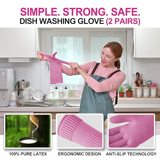 Mamison 2 Pairs Reusable Waterproof Household Dishwashing Cleaning Rubber Gloves, Non-Slip Kitchen Glove (Pink, XL (Pack of 2))