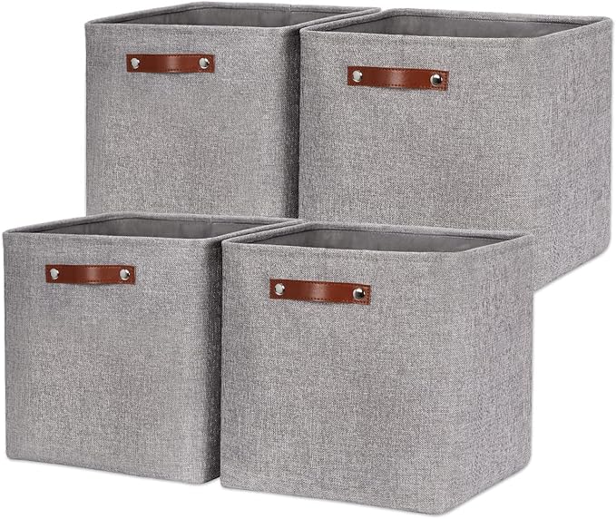 HNZIGE Fabric Storage Cubes Baskets,Set of 4,Foldable Storage Basket with Handles for Organizing,13 x 13 Cube Storage Organizer Bins for Toys, Clothes(Gray)