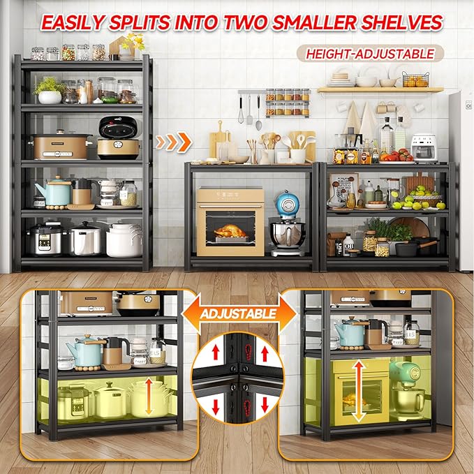 Kitchen Storage Shelves, 72" H × 48" W Heavy Duty Shelving Unit, 5-Tier Adjustable Pantry Shelf, Food and Beverage Storage Shelves, Durable Metal Shelving, Appliance Storage, Black