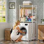 Golpart Over Washer and Dryer Shelves,2 Tier Adjustable Height Wire Shelving Laundry Room Storage Organization Clothes Drying Rack with Hanger Rod&Hooks,Space Saving Organizers Shelf,White