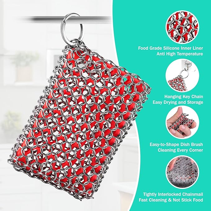 HAUSHOF Cast Iron Scrubber, Chainmail Scrubber with Silicone Core, Premium Chainmail Scrubber Sponge for Skillet, Pan, Dutch Oven
