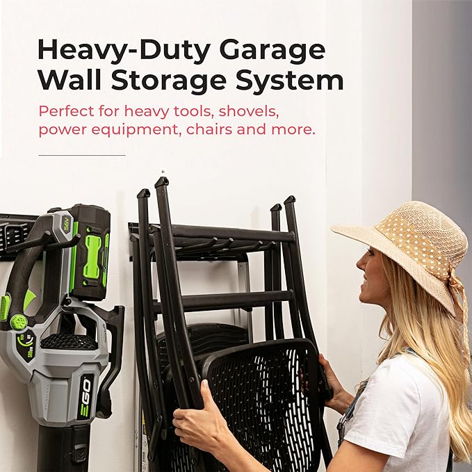 Heavy-Duty Garage Wall Storage System | Wall Mounted Tool Organizer Rack with Shelving | 10-Piece Mounting Kit | Includes 4x8.5” Adjustable Hooks & 2x16.5” Floating Utility Shelves