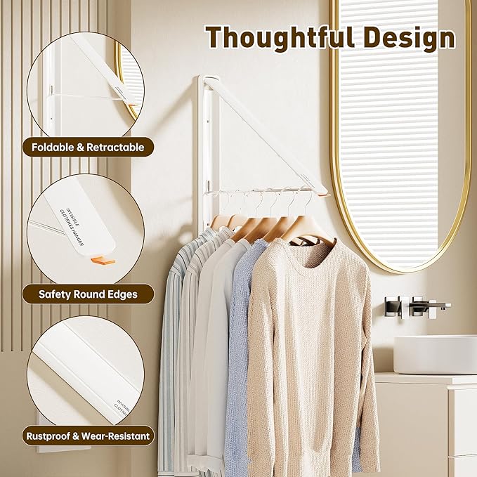 Clothes Drying Rack, Laundry Room Wall Mounted Retractable Clothes Hanger Drying Rack, Laundry Clothing Drying Rack Folding Indoor or Outdoor, Easy Installation Aluminium Dryer, 1pcs(White)