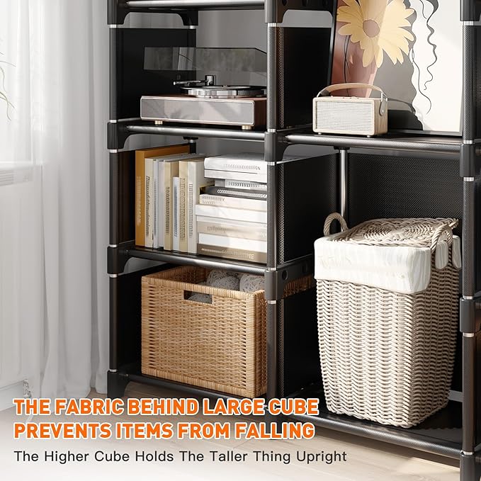 REIBII Book Shelf, 16 Cube Storage Organizers, Tall DIY Book Case for Bedroom, Office, Living Room, Closet, 12" D x 47.24" W x 70.86" H, Black