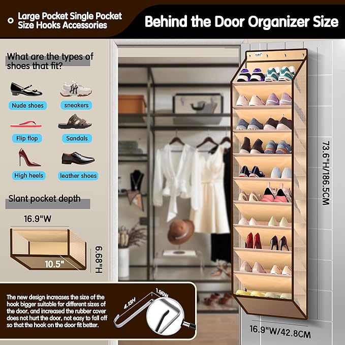 10 Tier Hanging Shoe Rack - Heavy Duty Behind the Door Hanging Shoe Rack, Sturdy Oxford Cloth, 20+ Pairs Over the Door Shoe Cabinet for Boots and Sneakers - Save 50% Closet Space! (Beige)
