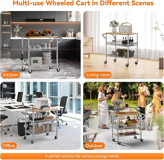 3 Tier Rolling Kitchen Carts on Wheels with Storage,650Lbs Heavy Duty Utility Carts with Wheels,Kitchen Island with Wood Tabletop,Metal Serving Rolling Cart for Small Appliance Food Cart,Wood+Metal