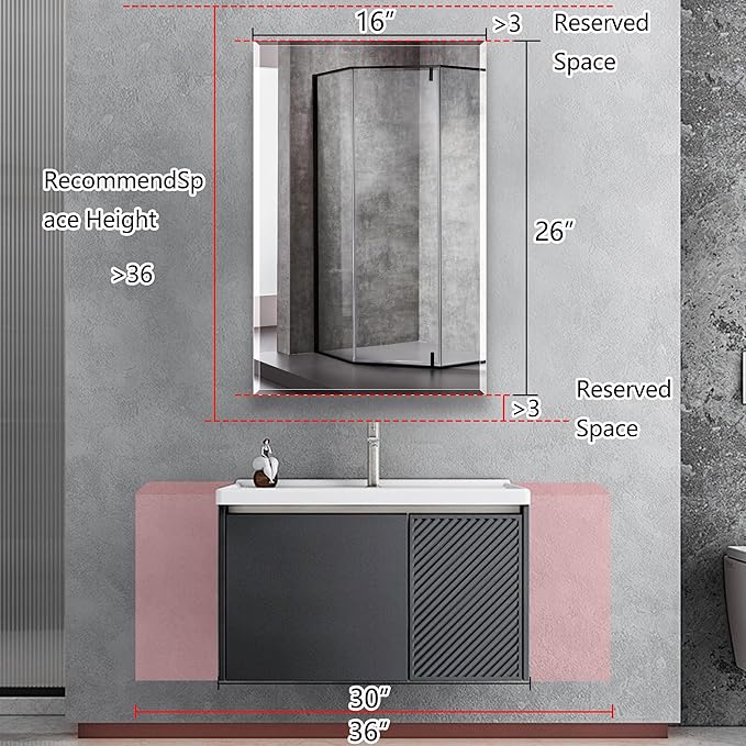 Bathroom Medicine Cabinet with 16x26 in Rectangular Beveled Frameless Mirror,Wall Mounted Mirror Cabinet for Bathroom Toilet Kitchen,Recess or Surface Mount,Already Assembly
